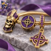 Gold-plated skull and purple enamel religious charm bracelet set from Tvpcomebackshop.