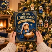 Holy Night Nativity Christmas Advent Calendar 2026 3 Person holding a blue nativity themed Merry Christmas advent calendar in front of a decorated tree.