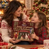 Mother and daughter opening an Italian Greyhound advent calendar for the holidays.