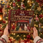 Hands holding a 24 Days of Italian Greyhound Christmas advent calendar in front of a decorated tree.
