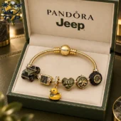 Gold Pandora bracelet with Jeep-themed charms in a presentation box