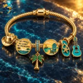 Kenny Chesney No Shoes No Shirt No Problems Gold Charm Bracelet Set 2026 1 Gold chain charm bracelet with beach-themed pendants from Tvpcomebackshop