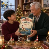 Lighthouses Of America Coastal Heritage Advent Calendar 2026 2 An elderly man and a young boy holding a Lighthouses of America 2026 advent calendar from Tvpcomebackshop.