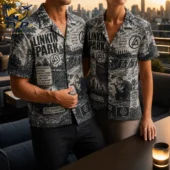 Two people wearing Linkin Park themed button-down shirts