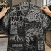 Linkin Park band tribute button-up shirt featuring album graphics and lyrics