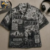 Linkin Park button-down shirt with concert graphic art.