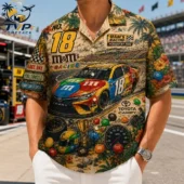 M&M Racing Kyle Busch No.18 3D Hawaiian Shirt 1 Man wearing a tropical button-down shirt featuring Kyle Busch No. 18 M&M's racing car print.