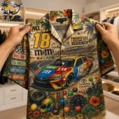 M&M Racing Kyle Busch No.18 3D Hawaiian Shirt 2 Kyle Busch M&M's Racing floral button-up shirt