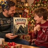 Father and son opening a Knights Advent Calendar in front of a Christmas tree