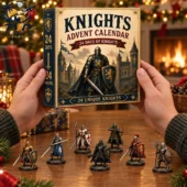 Person holding a Knights Advent Calendar with miniature medieval knight figures on the table.