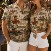 Couple wearing vintage-inspired Miller High Life Hawaiian shirts