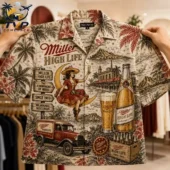 Vintage Miller High Life tropical print button-up shirt held by hands