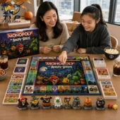 Monopoly The Angry Birds Halloween Collector Edition Board Game 3 Two people playing Monopoly The Angry Birds Collector Edition board game at home.