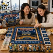 Two people playing the UCLA Bruins Collector Edition Monopoly game at a table.