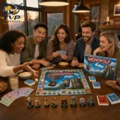 A group of friends playing the Disney Pixar Up themed Monopoly collector edition board game at a table.
