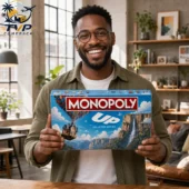 Monopoly Up! Collector Edition Board Game 2026 2 Man holding Disney Pixar Up Monopoly Collector Edition game box