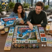 Monopoly Up! Collector Edition Board Game 2026 3 A couple playing the Disney Pixar Up themed Monopoly board game on an outdoor patio.
