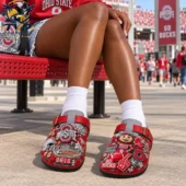 Person wearing Ohio State Buckeyes themed clogs at a stadium