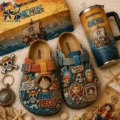 Custom Birkenstock One Piece clogs and matching tumbler set featuring Luffy and Straw Hat crew motifs.