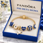 Phi Beta Sigma gold Pandora charm bracelet in blue velvet display box