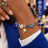 Phi Beta Sigma sorority inspired gold charm bracelet featuring royal blue and white enamel detailing.