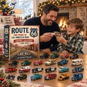 Father and son interacting with Route 66 advent calendar featuring 24 collectible miniature vehicles by Tvpcomebackshop