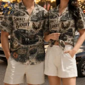 Couple wearing Smokey and the Bandit themed button-down shirts