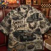 Smokey and the Bandit themed button-down shirt with iconic movie imagery