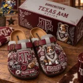 Texas A&M Aggies Birkenstock shoes with team logos and mascot