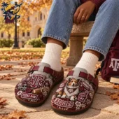 Texas A&M Aggies Suede Clogs 2 Person wearing Texas A&M branded clogs with Aggie mascot and football motifs