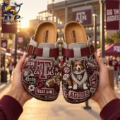 Texas A&M Aggies Suede Clogs 3 Texas A&M Aggies custom clogs held in front of Kyle Field