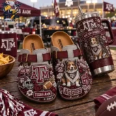 Texas A&M Aggies Suede Clogs 4 Texas A&M Aggies clogs and matching tumbler cup set on a wooden table
