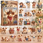 2026 Texas Longhorn Life advent calendar featuring 24 acrylic cow ornaments