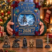 Skyrim 15th Anniversary 2026 advent calendar with miniature relics displayed by Tvpcomebackshop.