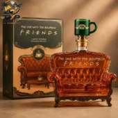 Friends TV show themed bourbon whiskey bottle in the shape of the Central Perk couch with matching box.