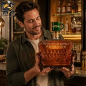 Man holding a Friends-themed sofa-shaped bourbon decanter from Tvpcomebackshop