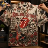 The Rolling Stones short-sleeve button-down shirt with vintage rock graphics and tropical patterns.