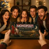 A group of excited friends holding the Tom Petty Collector Edition Monopoly board game.