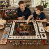 Tom Petty Power Rangers Collector's Edition Monopoly Board Game 2 A father and son playing the Tom Petty Collector Edition Monopoly game at home.