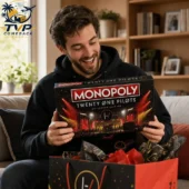 Man holding a Twenty One Pilots Monopoly collector edition board game
