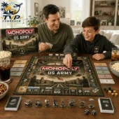 Father and son playing the US Army Collector Edition Monopoly board game at home