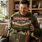 Man smiling while opening a Monopoly US Army Collector Edition board game gift